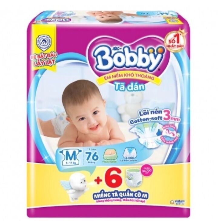 Tã dán bobby lõi nén 3mm các size m76+6/l68/l68+6/xl62/xxl56