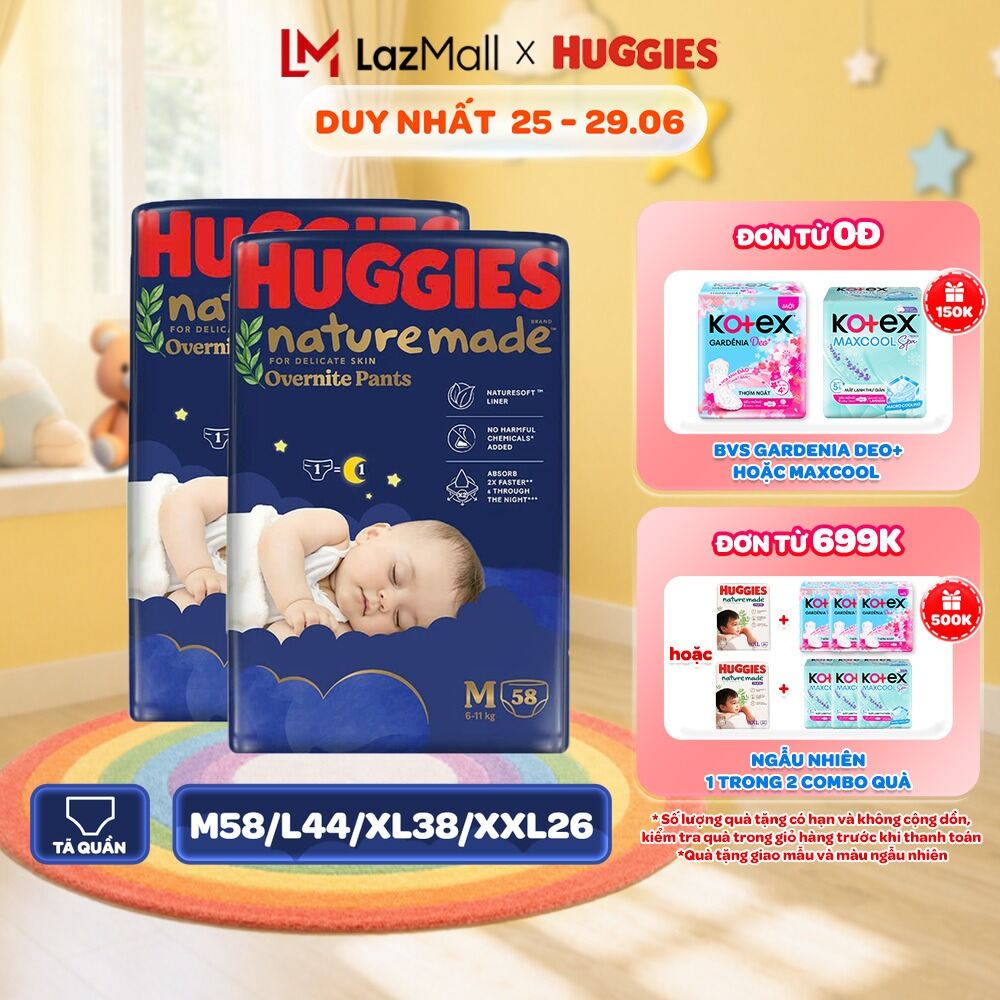 Combo 2 Tã quần Huggies Naturemade ban đêm M58/L44/XL38/XXL26