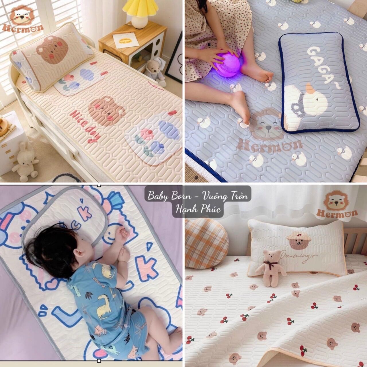Chiếu điều hòa hermon kèm gối thảo dược trẻ em, chiếu hè thoáng mát, mềm mại, trải cũi, nôi cho bé
