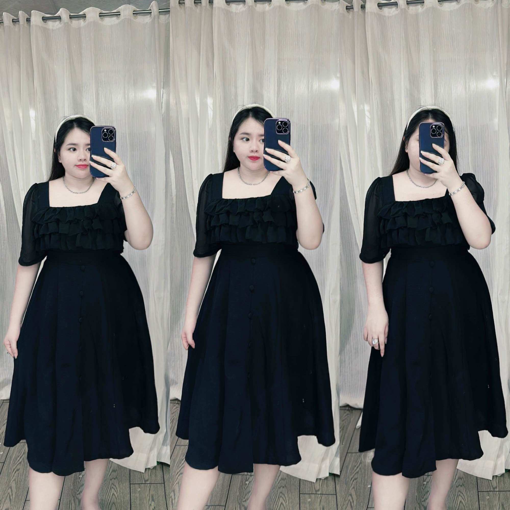 [Bigsize 60-85kg] Đầm xếp ly nút bọc xốp phối voan