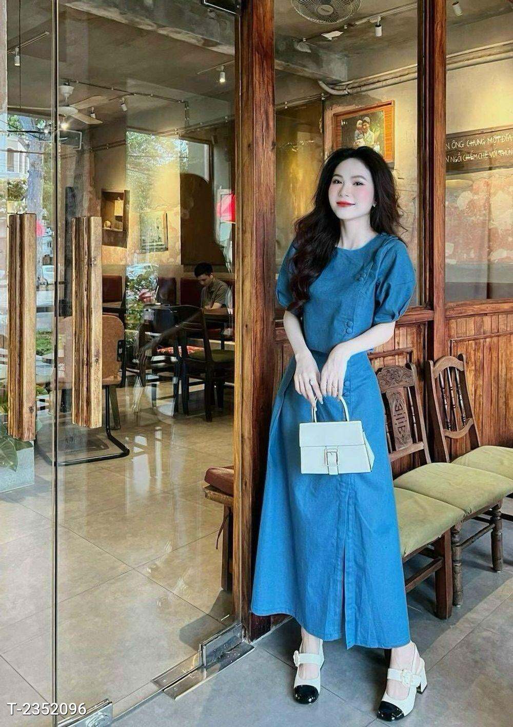 Sét 2 món áo Croptop tay phồng kèm chân váy dài chất jeans dày dặn