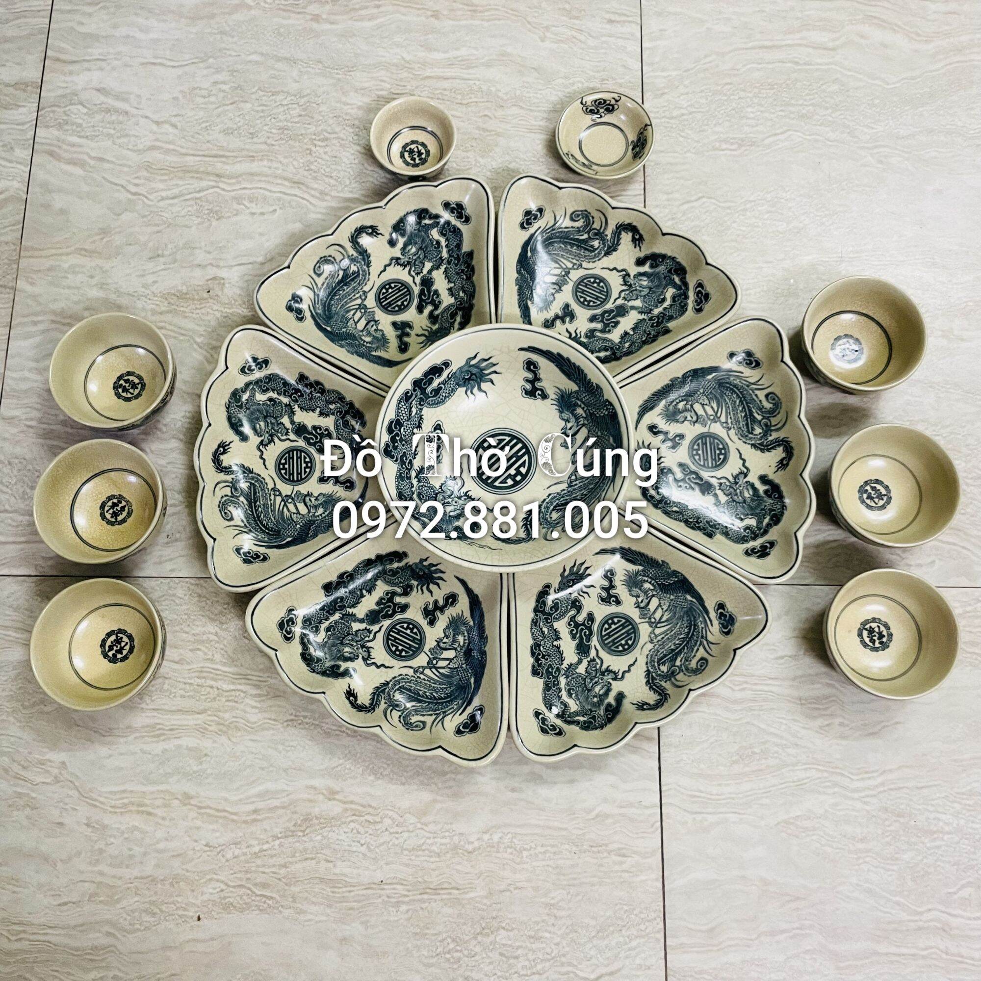 Bộ bát đĩa bày cơm cúng hoa mặt trời men rạn Đen