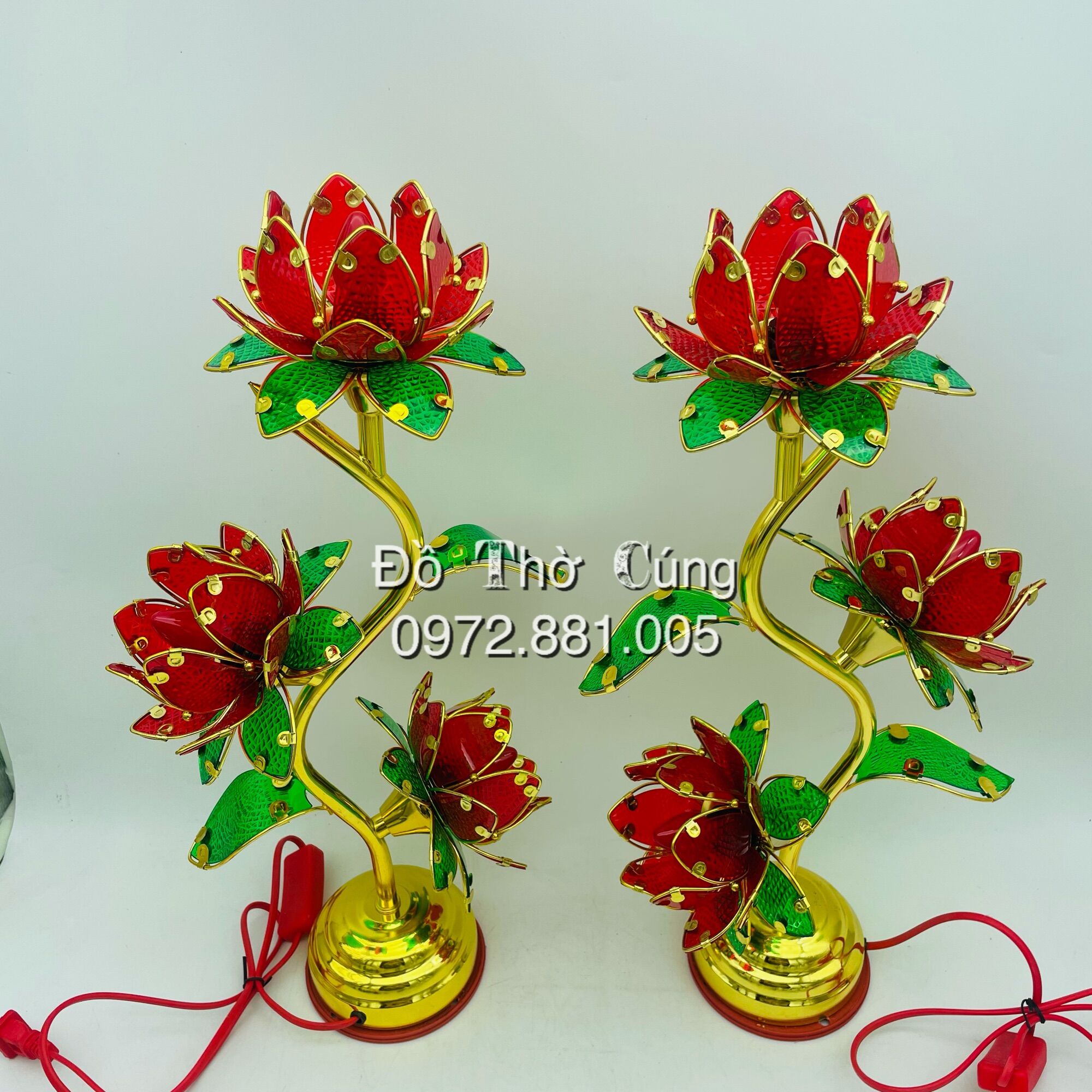 Đèn thờ cánh nhựa 3 bông màu đỏ