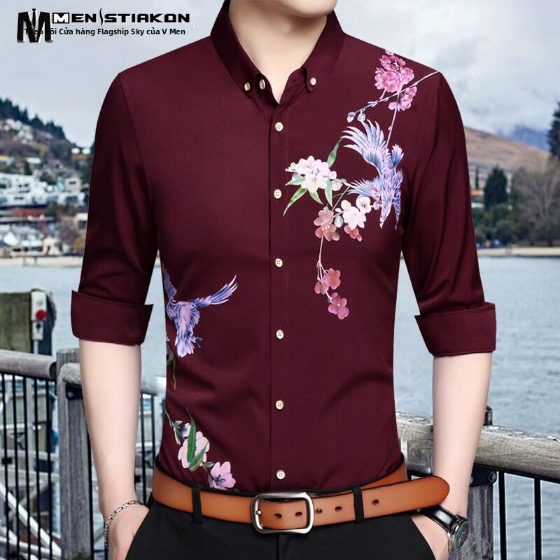 Áo Sơ Mi Dài Tay In Hình Form Rộng Cho Nam Trung Niên