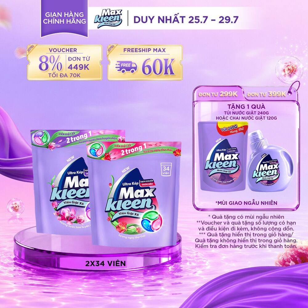 Combo Túi Viên Giặt Xả MaxKleen hương Ngày Thư Thái + Hương Hoa Huyền Diệu (34 viên/ túi)