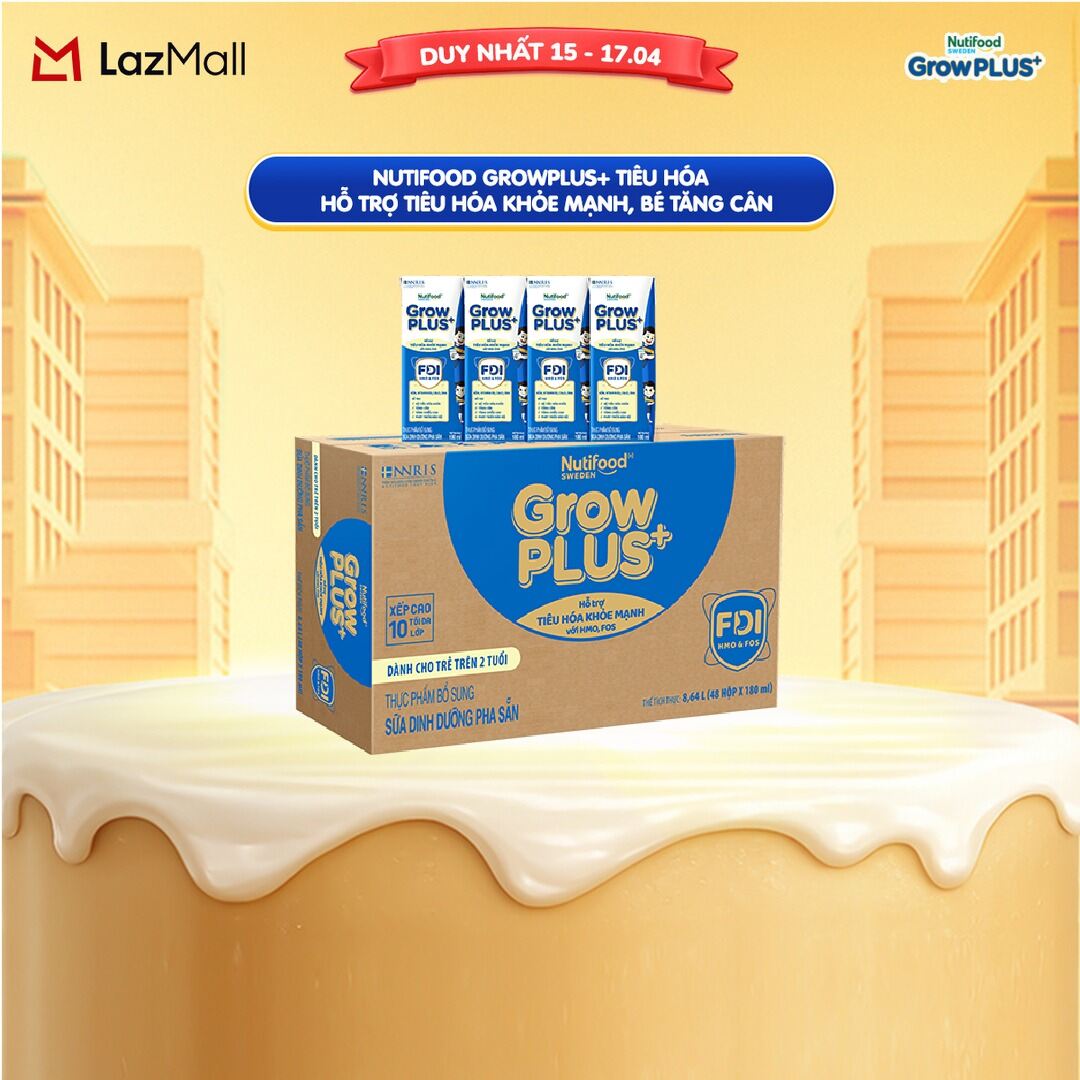 Sữa nước pha sẵn Nutifood Sweden GrowPLUS+ Tiêu Hóa (Xanh Nhạt) 2+ - Hỗ trợ tiêu hóa khỏe mạnh, bé tăng cân (48 hộp x 180ml)