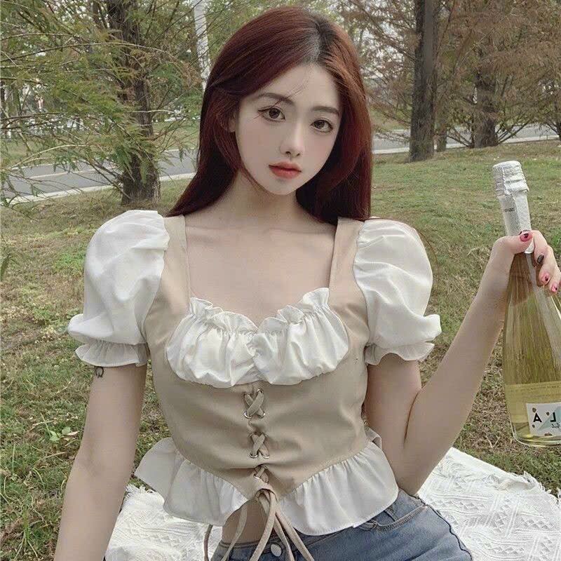 ÁO CROPTOP PHỐI MÀU RÚT DÂY BỤNG MỚI BXD13
