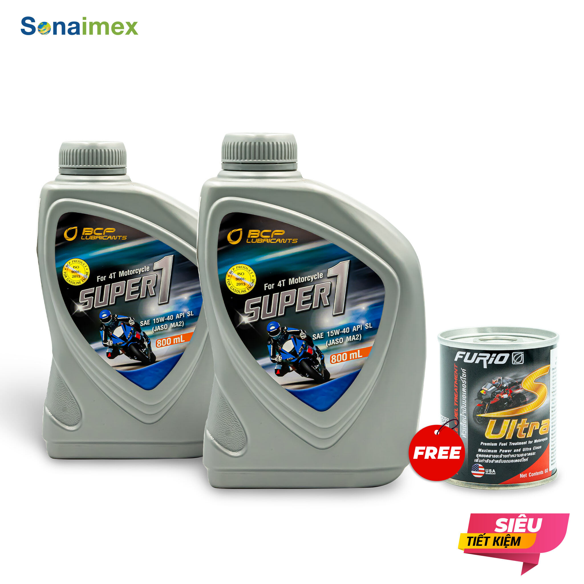 [QUÀ TẶNG] 2 Chai nhớt xe máy BCP Thái Lan 0.8L - SUPER 1, SAE 15W40, API SL, JASO MA2 TẶNG 1 Lon S-Ultra 60 mL dung dịch vệ sinh buồng đốt, bình xăng con siêu sạch