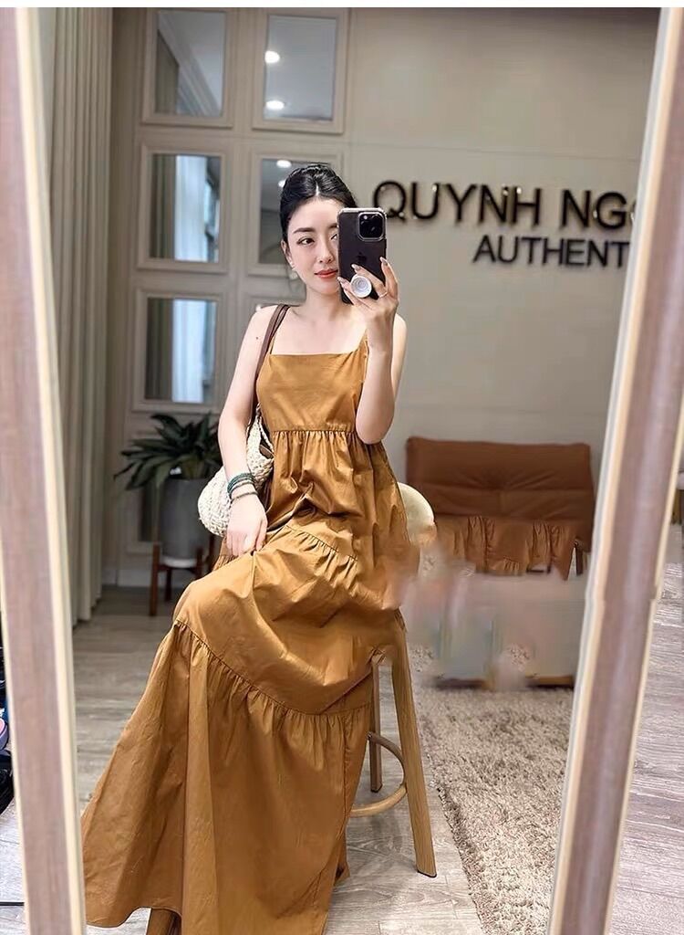 Đầm Zara 2 dây nâu maxi cực tây