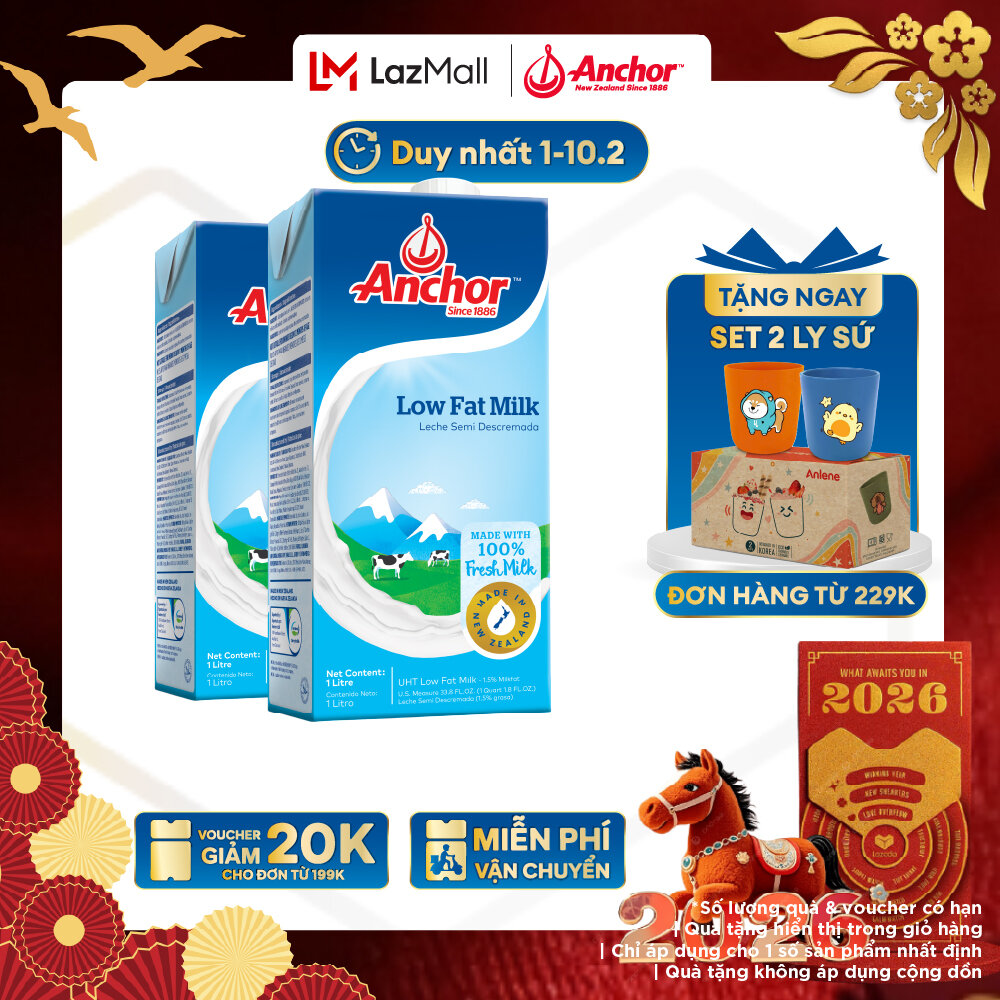 [GIAO HÀNG HỎA TỐC - HCM] Combo 2 Sữa Tươi Tiệt Trùng Anchor Ít Béo Hộp 1 Lít