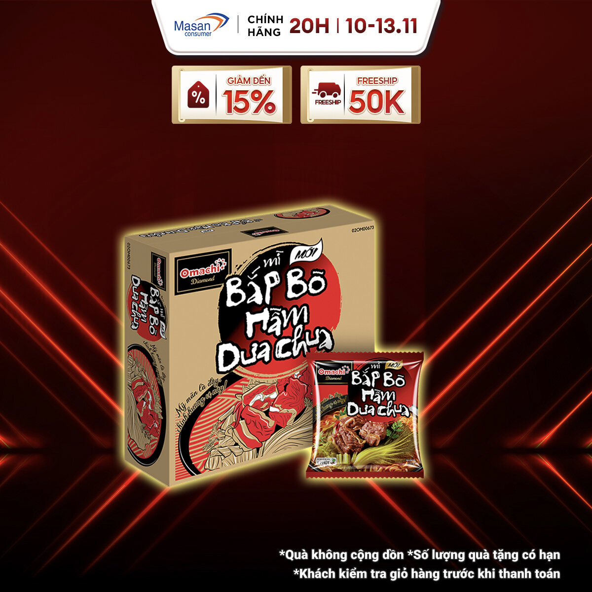 [11.11-13.11 Voucher 18% CHO ĐƠN TỪ 199K]Mì Omachi Diamond Bắp Bò Hầm Dưa Chua - Thùng 30 Gói x 121g