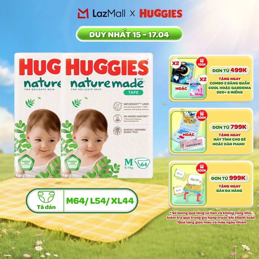 Combo 2 Tã/Bỉm dán Huggies NatureMade M64/L54/XL44