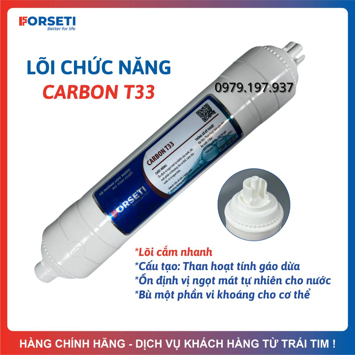 Lõi chức năng carbon t33 forseti cấu tạo than hoạt tính gáo dừa tạo vị ngọt cho nước và bù một phần vi khoáng cho cơ thể