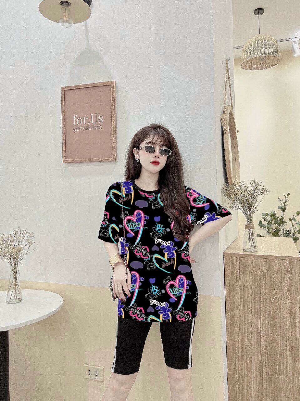[ Đồ bộ cao cấp] Bộ đồ lửng in họa tiết trái tim siêu xinh