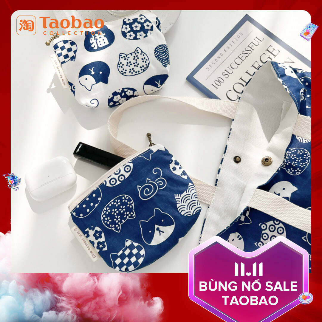 Ví Đựng Tiền Lẻ Kéo Khóa Vải Cotton Cỡ Lớn Mèo Phong Cách Hefeng Màu Xanh Dương Túi Đựng Sức Chứa Lớn Mẫu Ngắn Cho Nữ Túi Đựng Băng Vệ Sinh