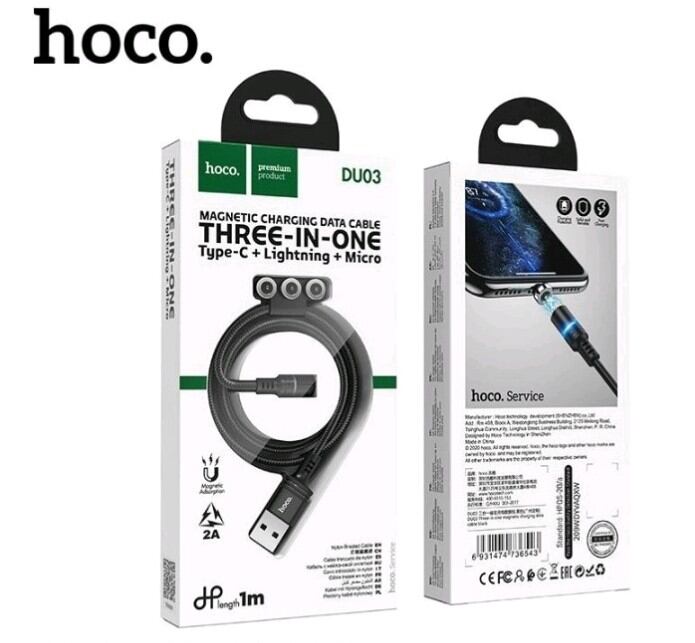 Cáp sạc nam châm 2A Hoco DU03 thay đổi 3 đầu Lightning/Type-C/Micro