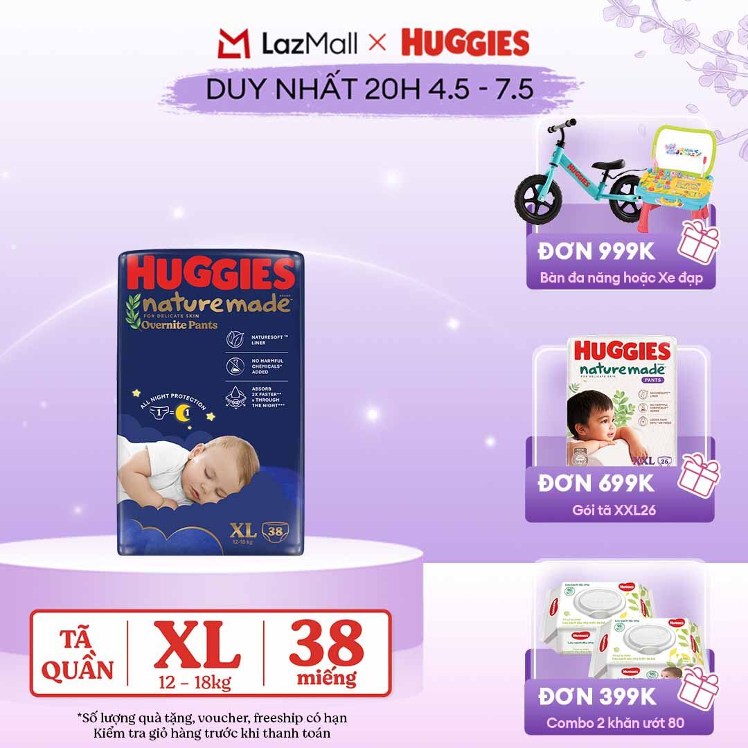 [CHỈ 20h 04-07.05 QUÀ TẶNG ĐƠN 399K](Mua 1 tặng 1) Tã quần Huggies Naturemade ban đêm XL38