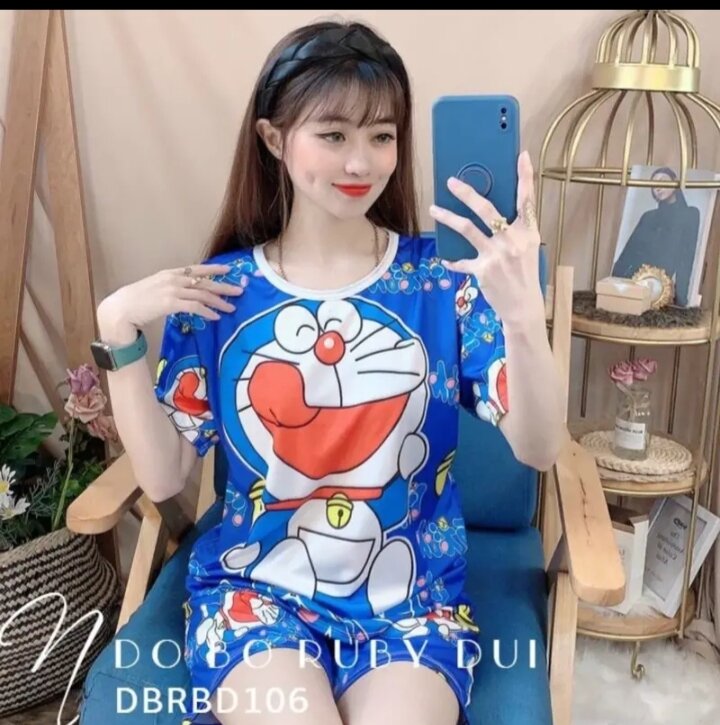 Đồ bộ mẹ và bé mẫu Doraemon xanh quần đùi