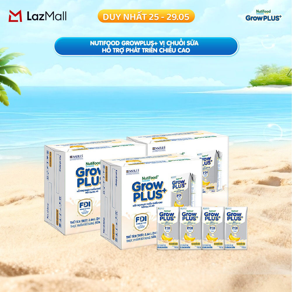 Combo 3 Thùng 24 hộp Sữa bột pha sẵn Nutifood Sweden GrowPLUS+ Vị Chuối Sữa hộp 110ml - Hỗ trợ phát triển chiều cao