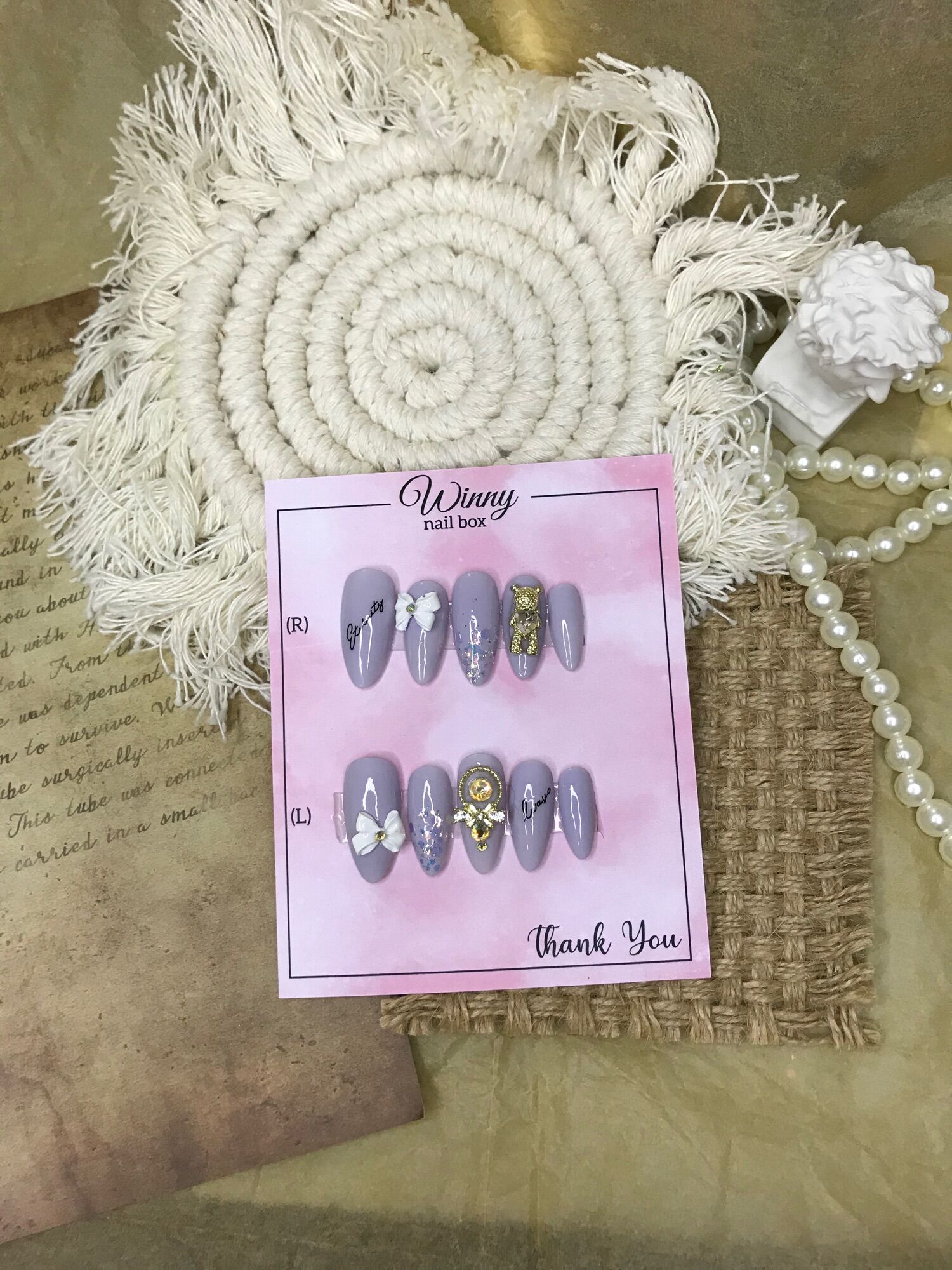 Nailbox móng up móng giả xám nhạt charm gấu