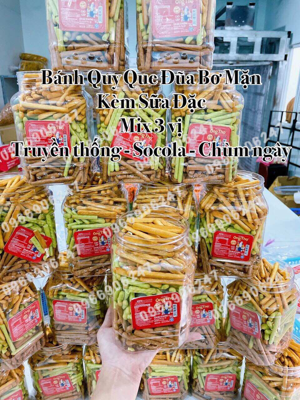 Bánh quy que đũa bơ mặn kèm sữa đặc mix 3 vị giòn tan hũ 500gr