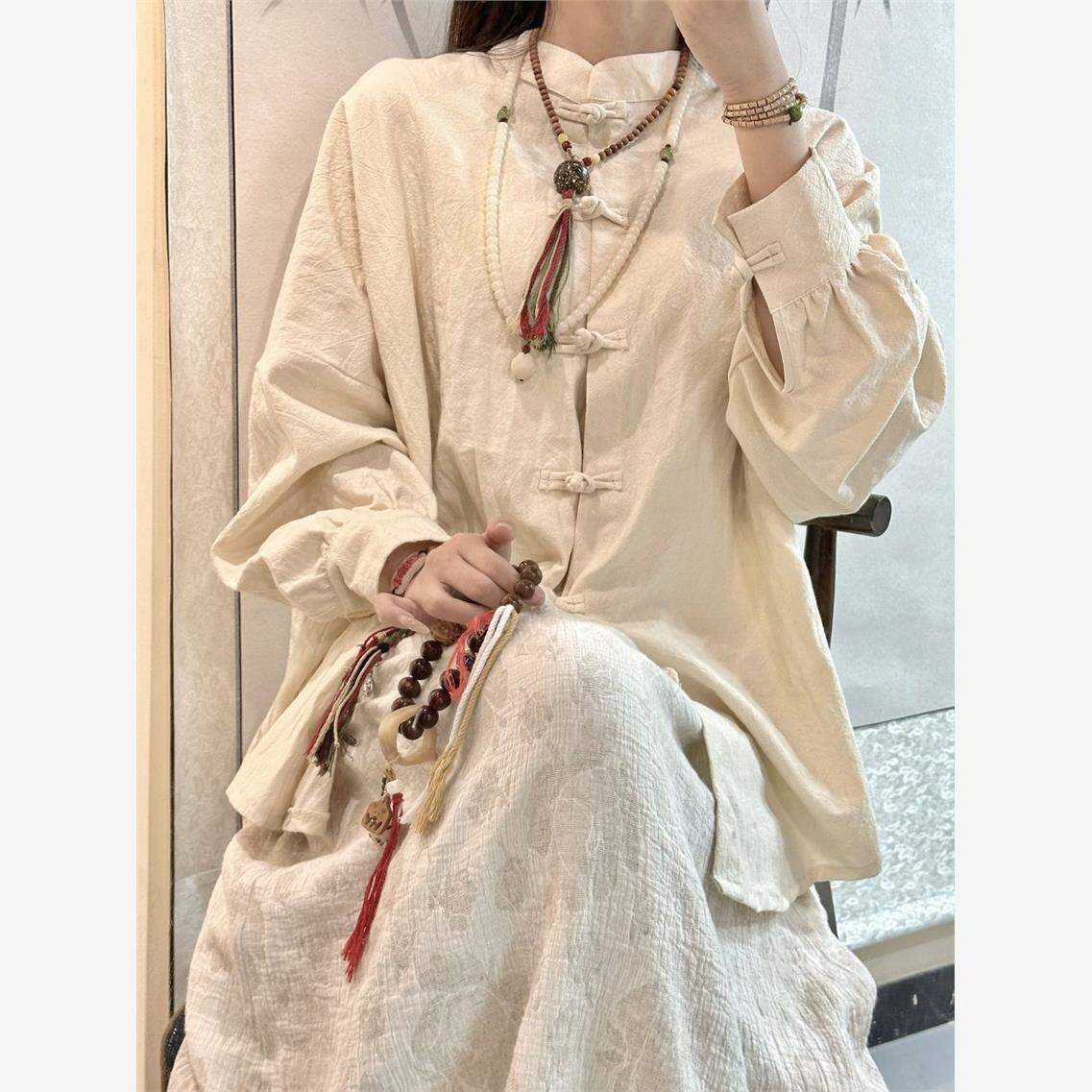 Bộ Đồ Trà Phong Cách Trung Hoa Mới Bằng Vải Lanh Cotton Pure Color Cổ Đứng Tay Thường Không Có Thương Hiệu Quần Áo Nữ