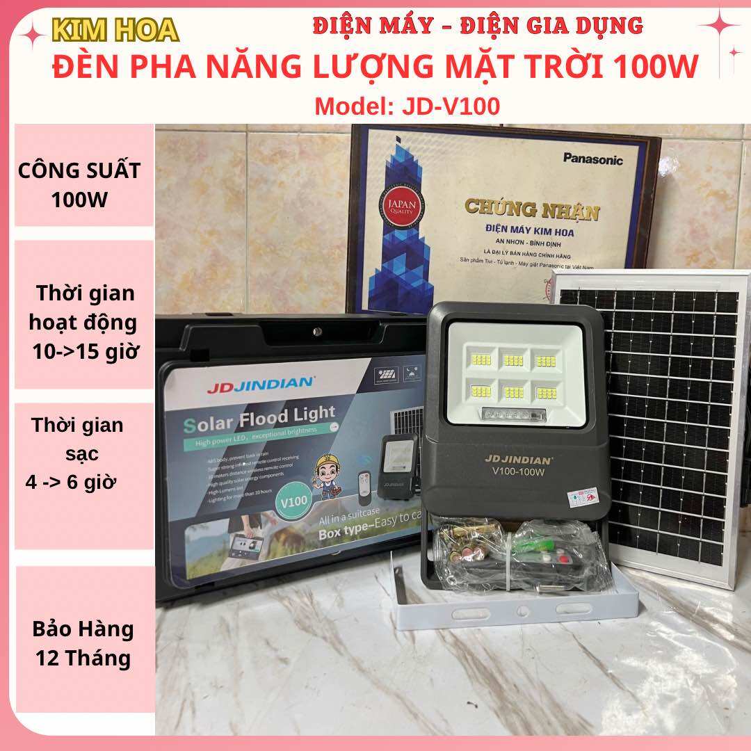 Đèn pha năng lượng mặt trời JINDIAN 100W model: JD -V100 (100w) thời gian sáng 10 tiếng