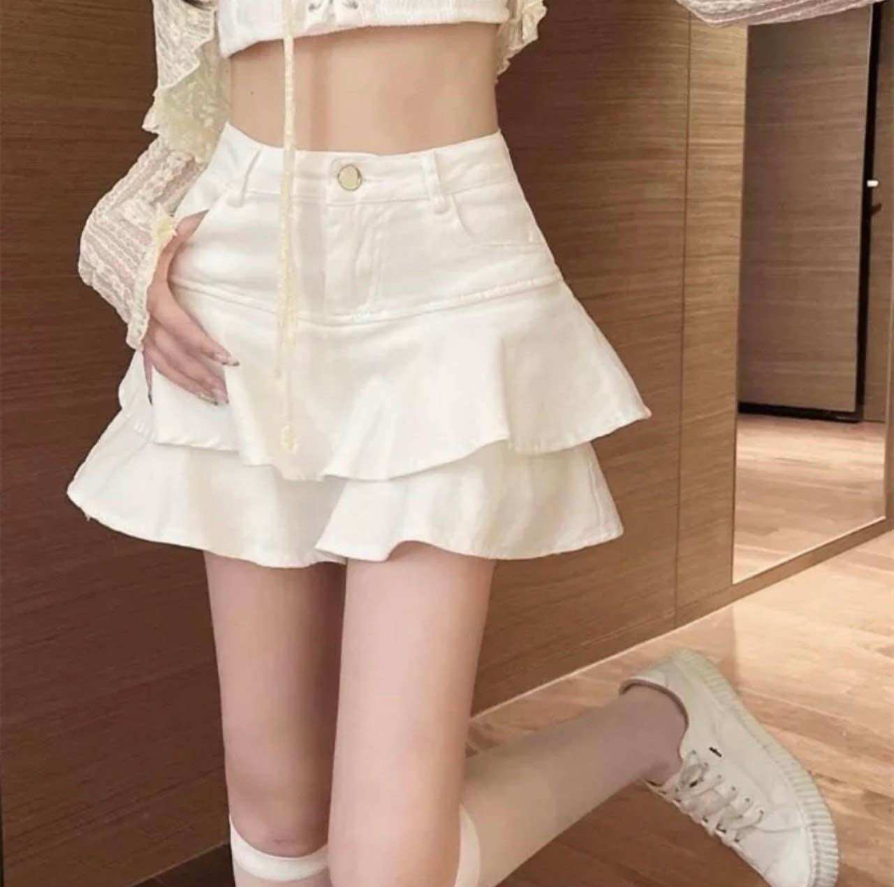 Chân váy kaki 1 nút phối tầng có quần trong