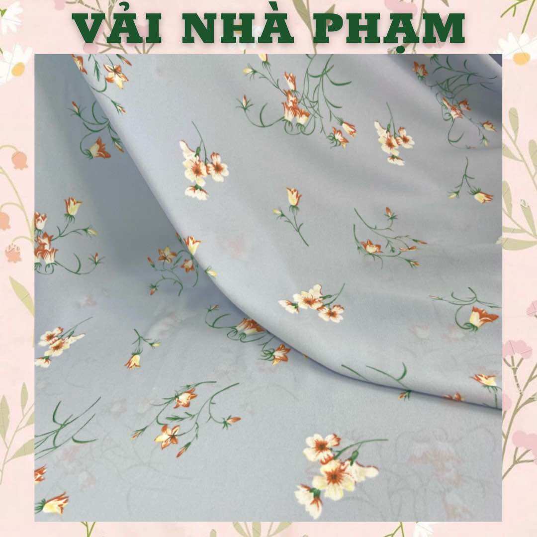 Vải lụa cát hoạ tiết cành hoa nền xanh xám-khổ 1.5m - vải nhà phạm