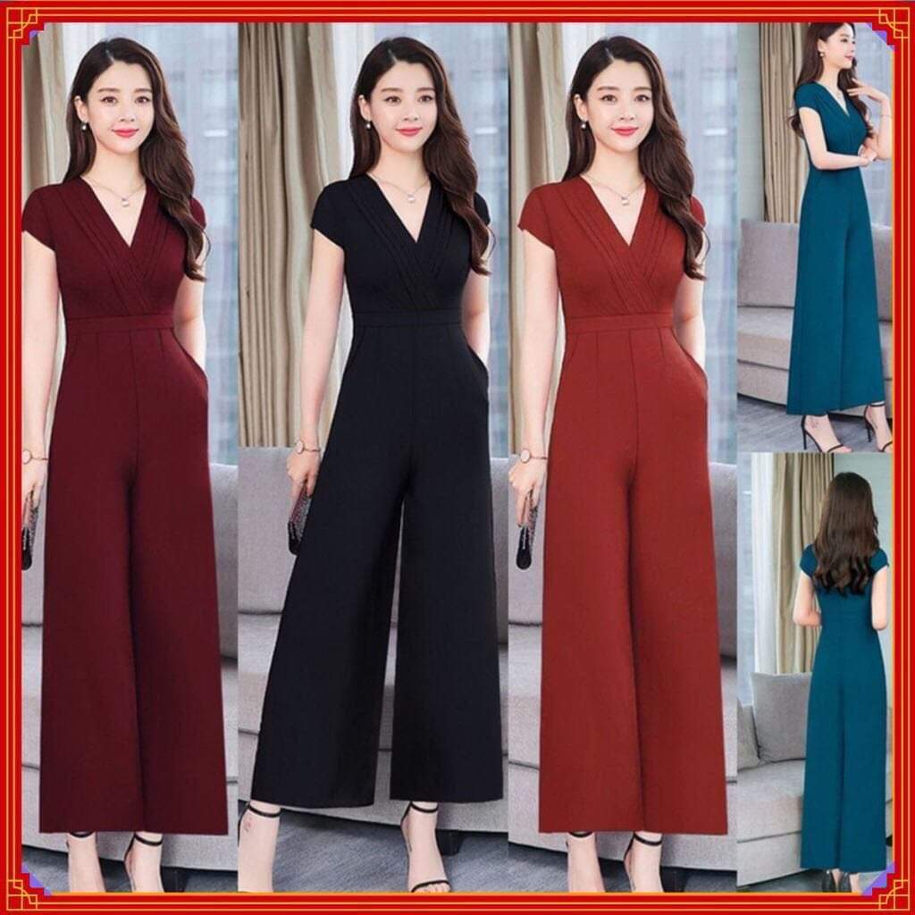 Jumpsuit cao cấp dài ống suông cổ xếp li thanh lịch và sang trọng