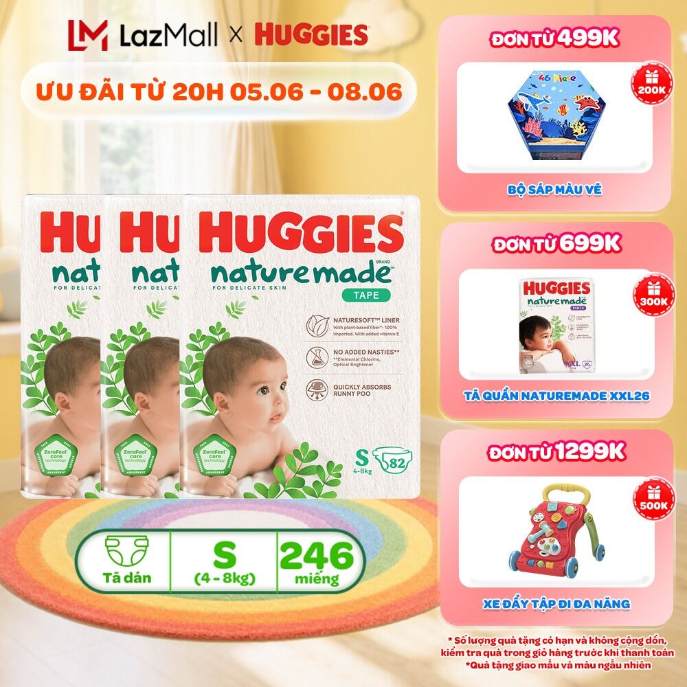Combo 3 Tã/Bỉm dán sơ sinh Huggies NatureMade S82 (4-8kg)-Gói Super Jumbo 82 miếng
