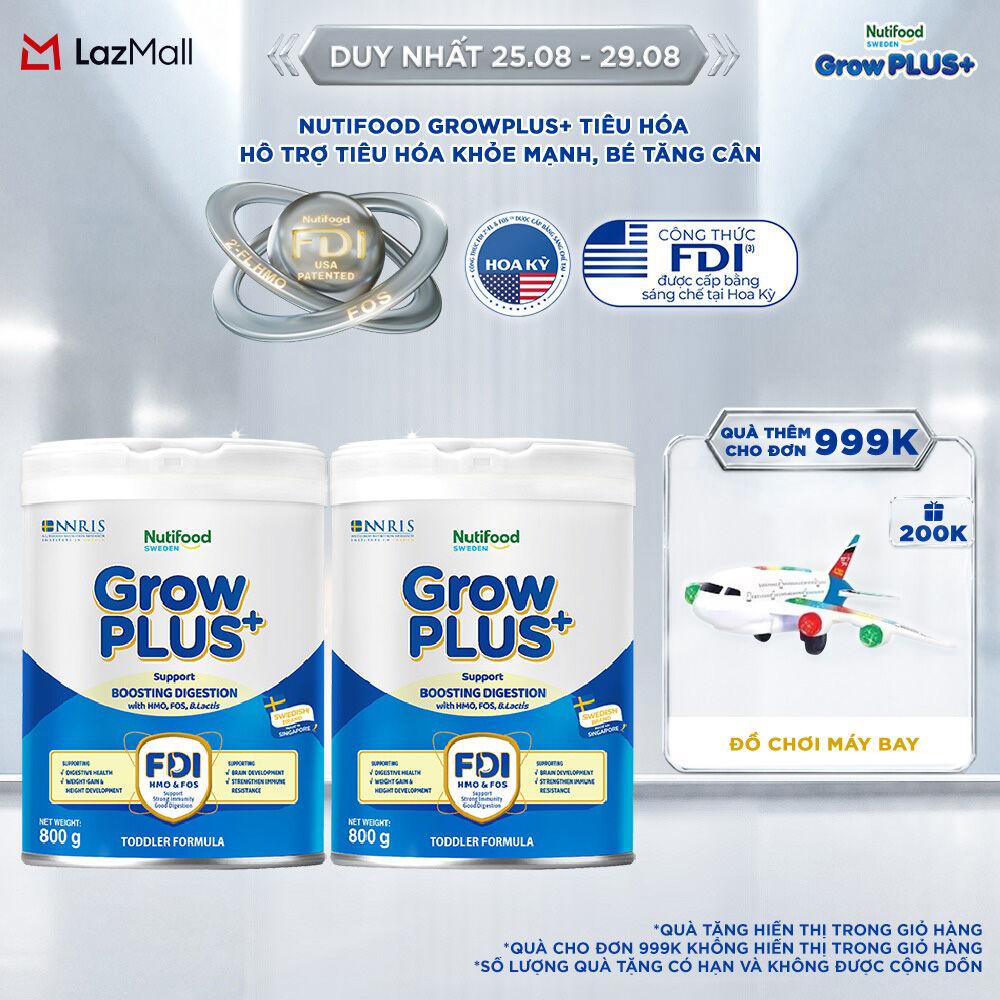Combo 2 Sữa bột Nutifood Sweden GrowPLUS+ Tiêu Hóa (Xanh Nhạt) - Hỗ trợ tiêu hóa khỏe mạnh, bé tăng cân (Lon 800g)