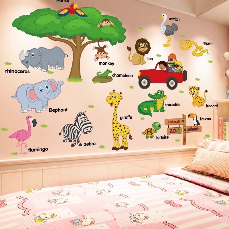 Tranh dán tường cho bé, Decal dán tường con vật tiếng anh