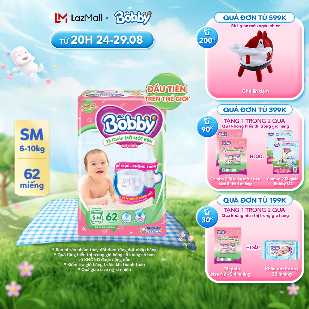 Tã/bỉm quần mở một bên bobby size s-m 62 miếng