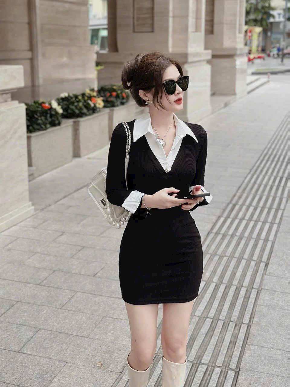 Đầm thun phối cổ sơ mi ôm body căng đét dspm9