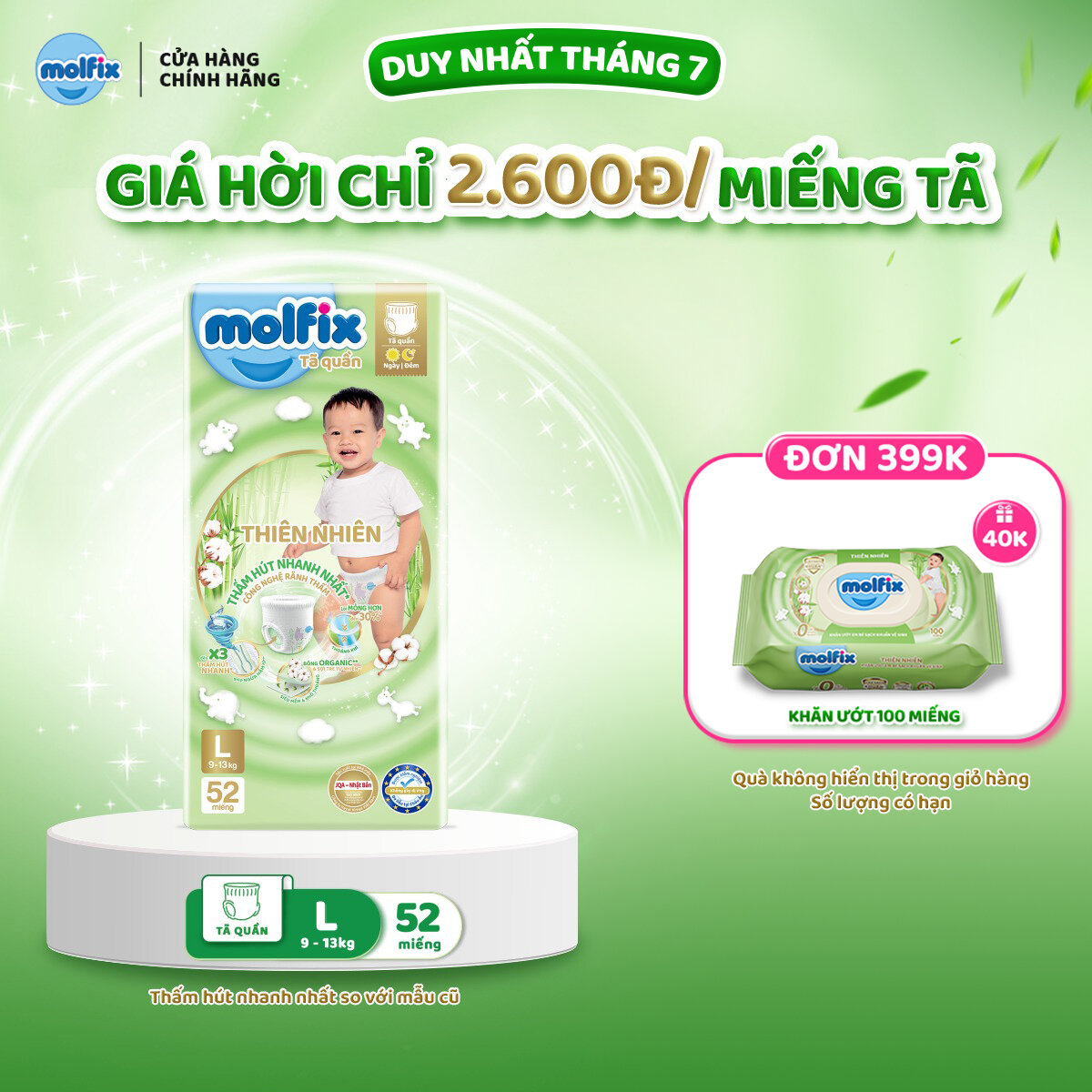 Tã/bỉm quần Molfix Thiên nhiên Super Jumbo L - Gói 52 miếng