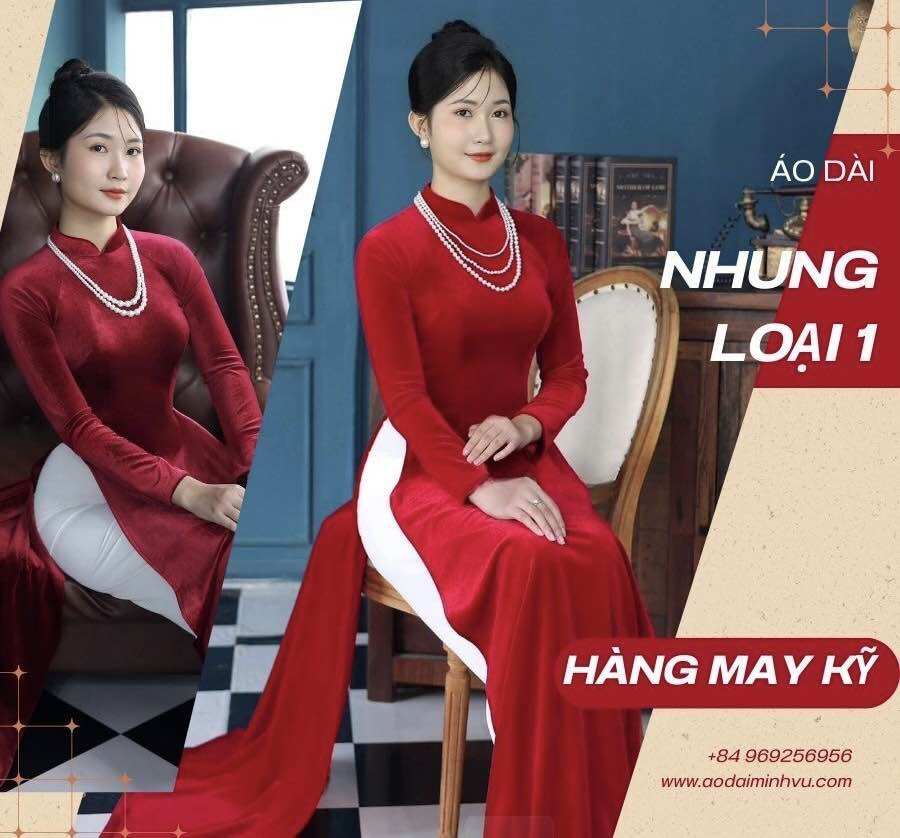 Áo dài nhung đỏ tươi đỏ đô truyền thống tay dài cổ 3cm MInh Vũ cao cấp