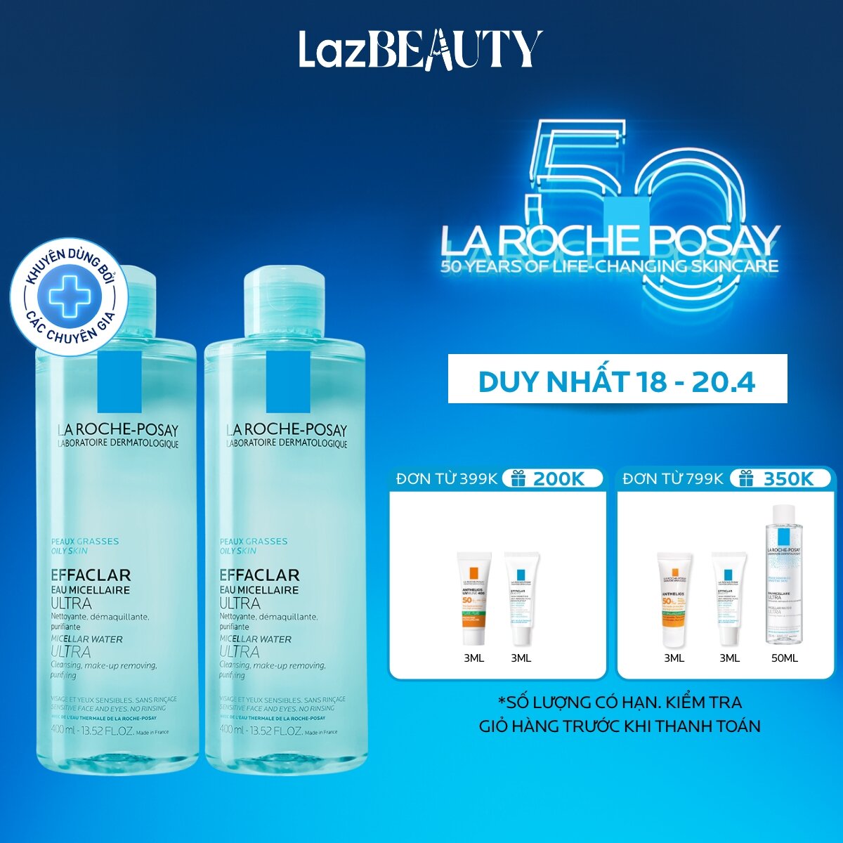 Bộ sản phẩm nước tẩy trang làm sạch sâu giàu khoáng dành cho da dầu nhạy cảm La Roche-Posay Effaclar Micellar Water Oily Skin 400ml