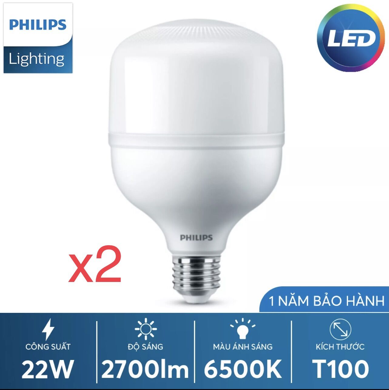 Bộ 2 bóng led bulb 22w 6500k philips. bóng led bulb trụ 22w 2700lm siêu sáng philips. sản phẩm chính hãng philips. mới 100%