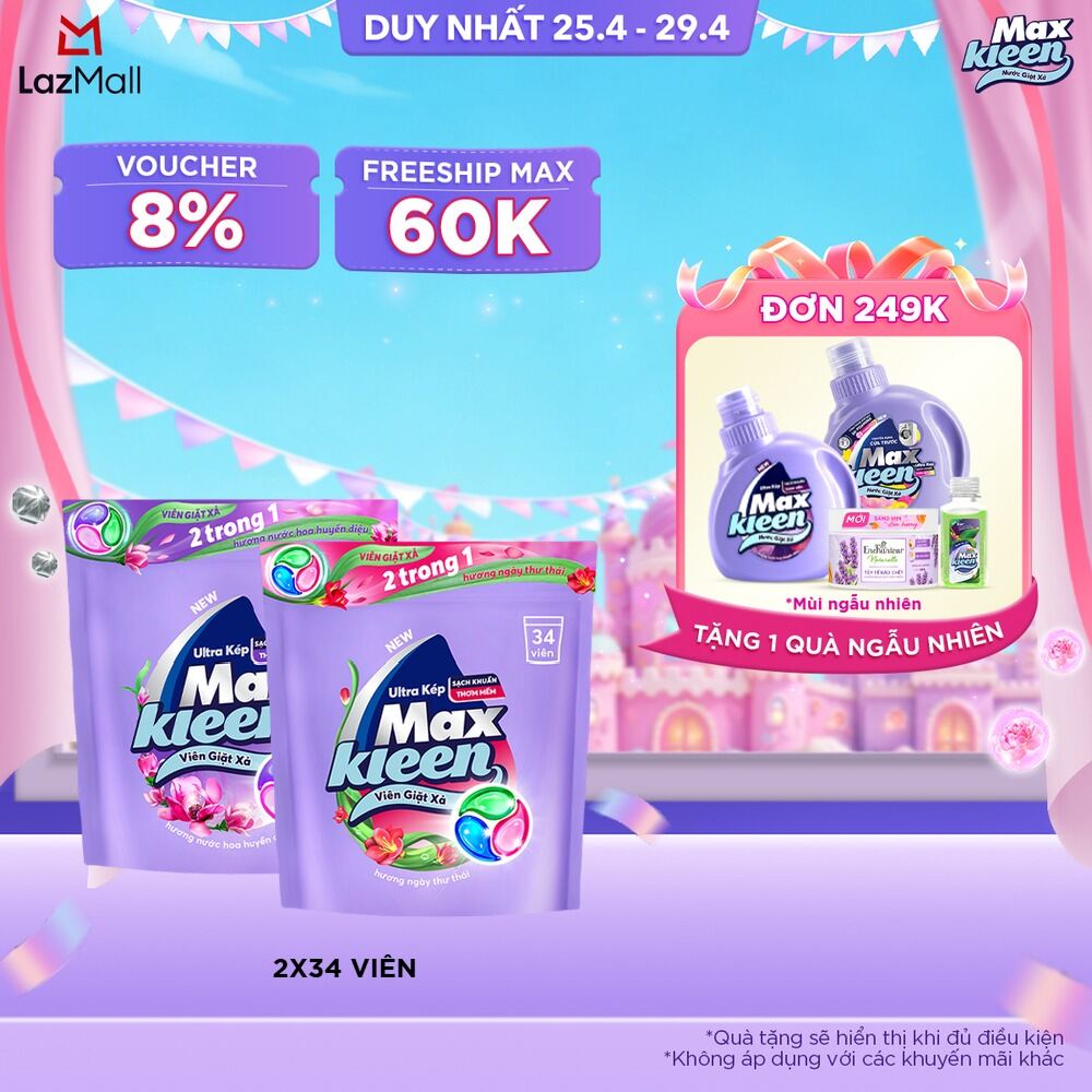 Combo Túi Viên Giặt Xả MaxKleen hương Ngày Thư Thái + Hương Hoa Huyền Diệu (34 viên/ túi)