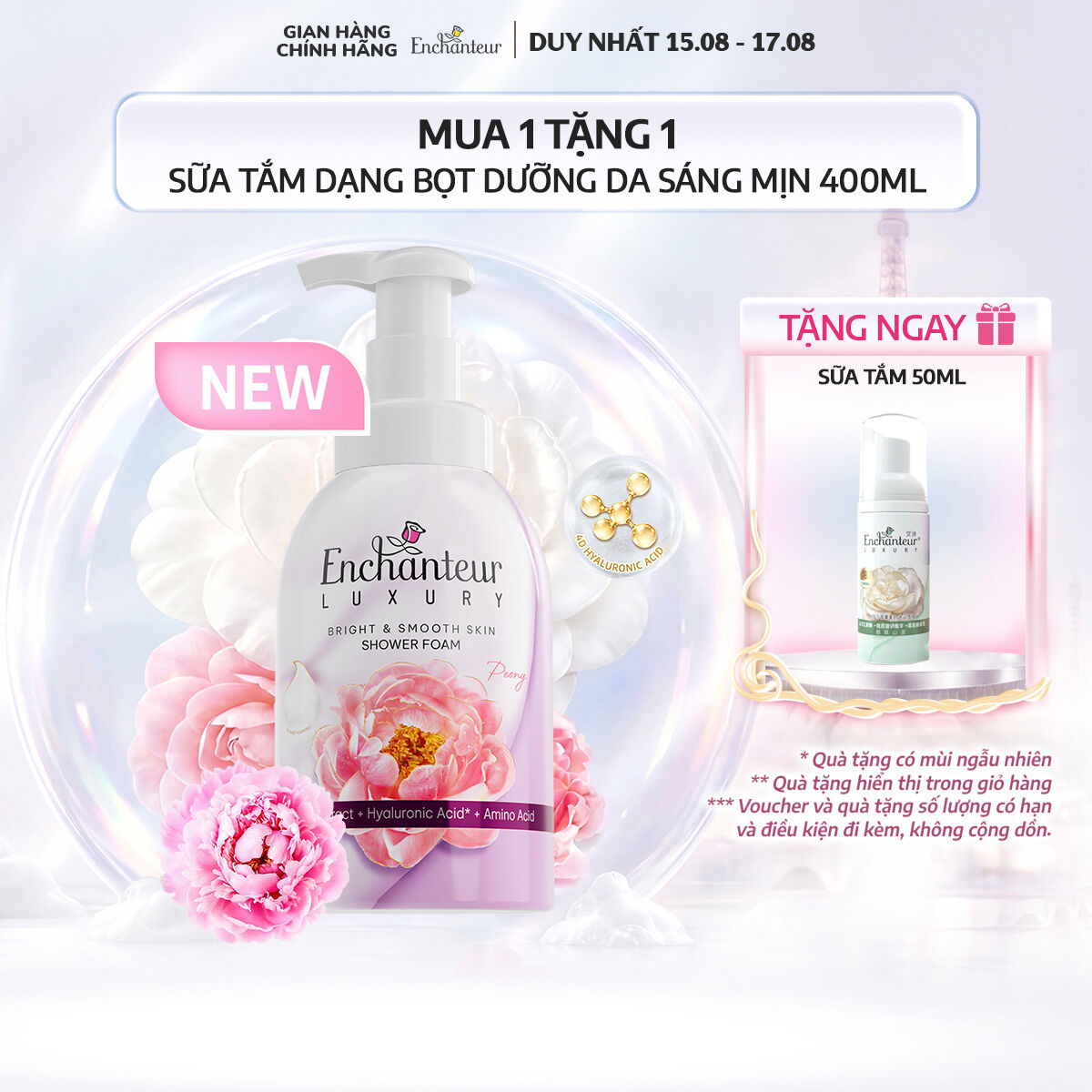 [MUA 1 TẶNG 1] Sữa Tắm Enchanteur Luxury Dạng Bọt Dưỡng Da Sáng Mịn Camellia/Peony 400ml + Tặng Sữa tắm Enchanteur Luxury Dạng bọt Camellia 50ml (Quà hiện giỏ hàng)