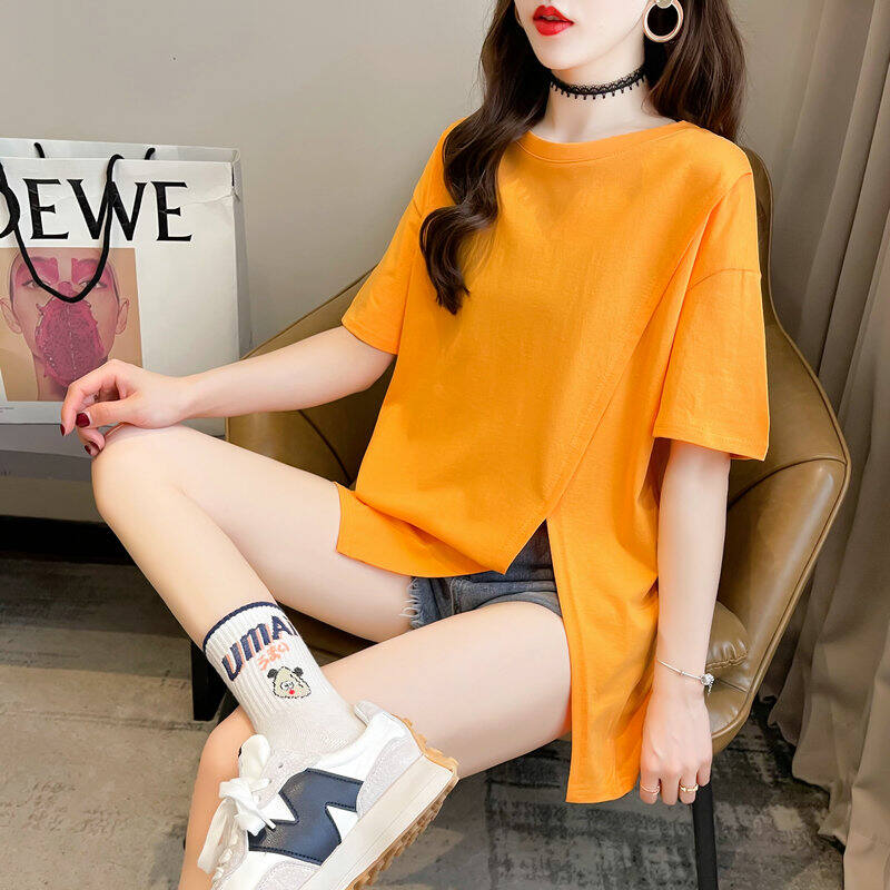 Trang Phục Nữ Cỡ Lớn Áo Thun Ngắn Tay Màu Trơn Mùa Hè Áo Cô Nàng Mập Dáng Gầy Che Bụng Cảm Giác Thiết Kế Xẻ Tà Mẫu Mới 2023 Cho Nữ