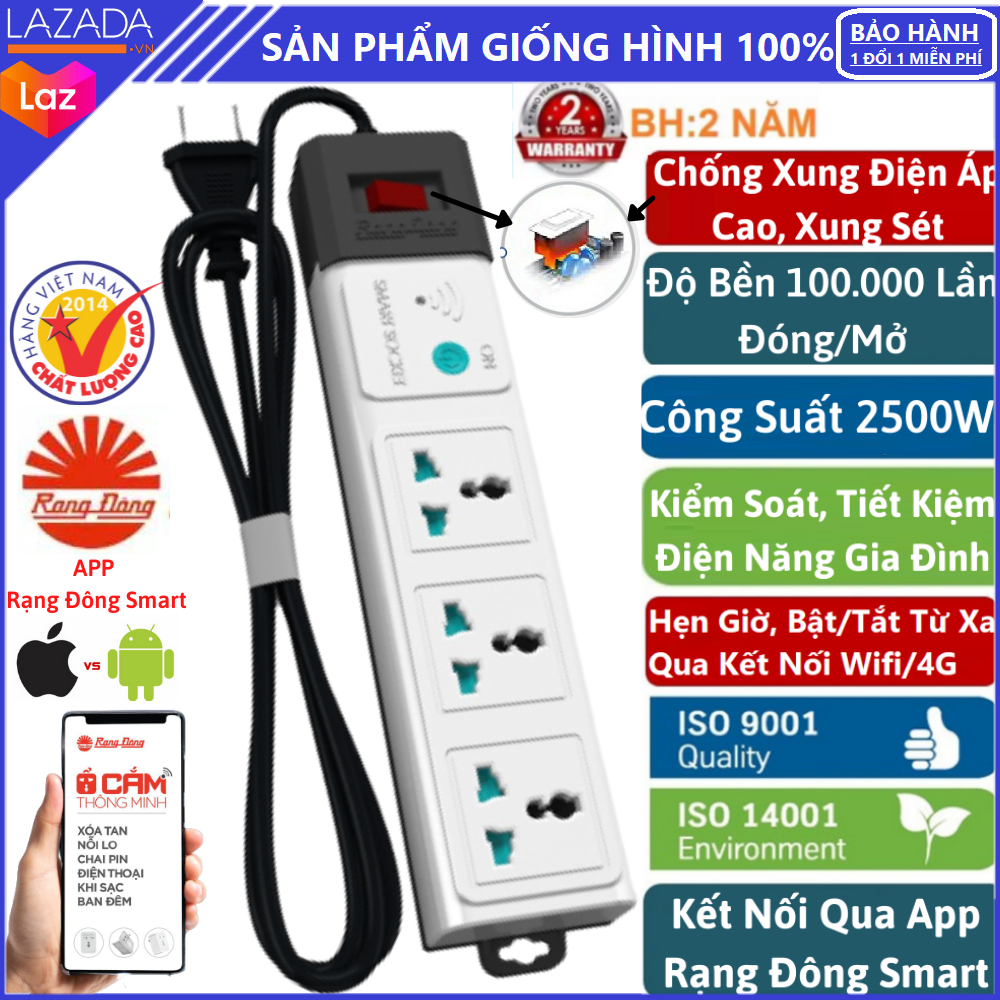 Ổ cắm thông minh Wifi có dây 5m và 3m. Có thể điều khiển Tắt, Mở, Hẹn Giờ Tắt Mở bằng điện thoại qua Wifi - Rạng Đông