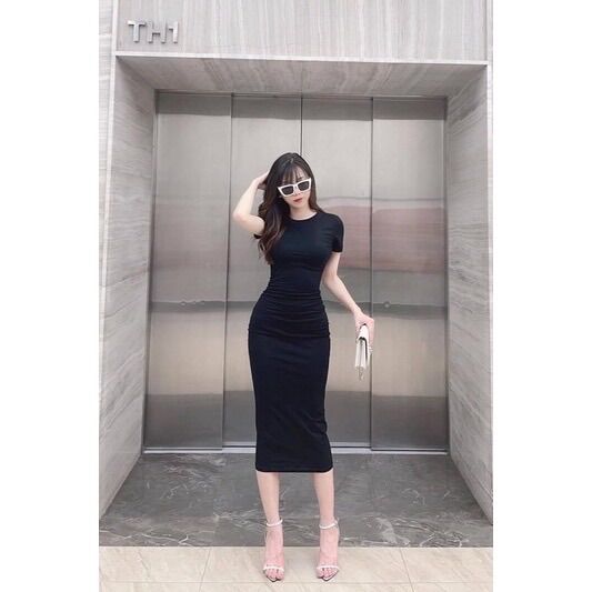Váy body cổ tròn nhún eo tay cộc Sam-collection[freeship]