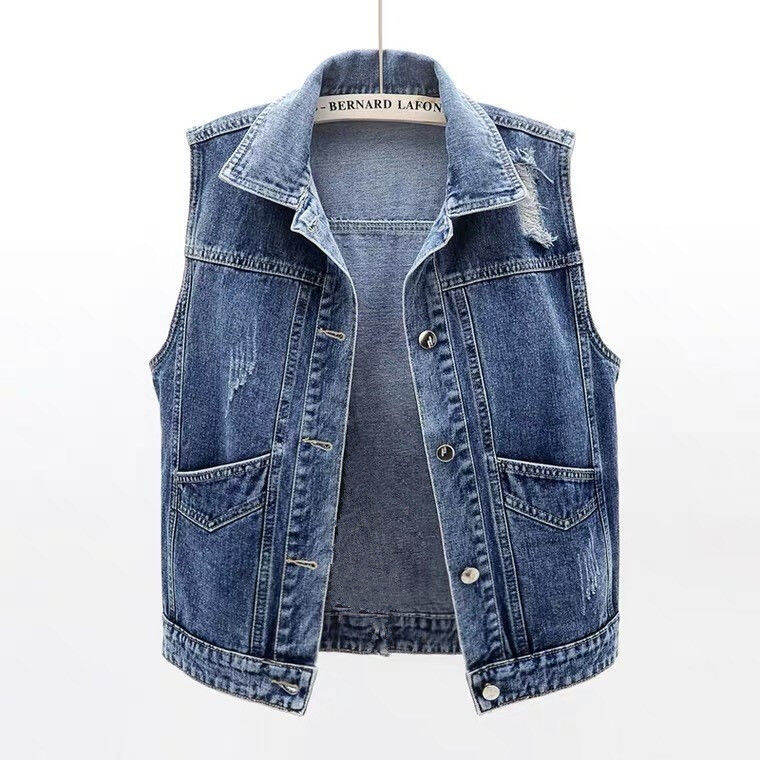 Áo Vest Denim Không Tay Ngắn Thường Ngày Dành Cho Nữ Mùa Xuân 2022 Áo Khoác Ngoài Cotton Màu Trơn Cổ Polo Nút Đơn Túi