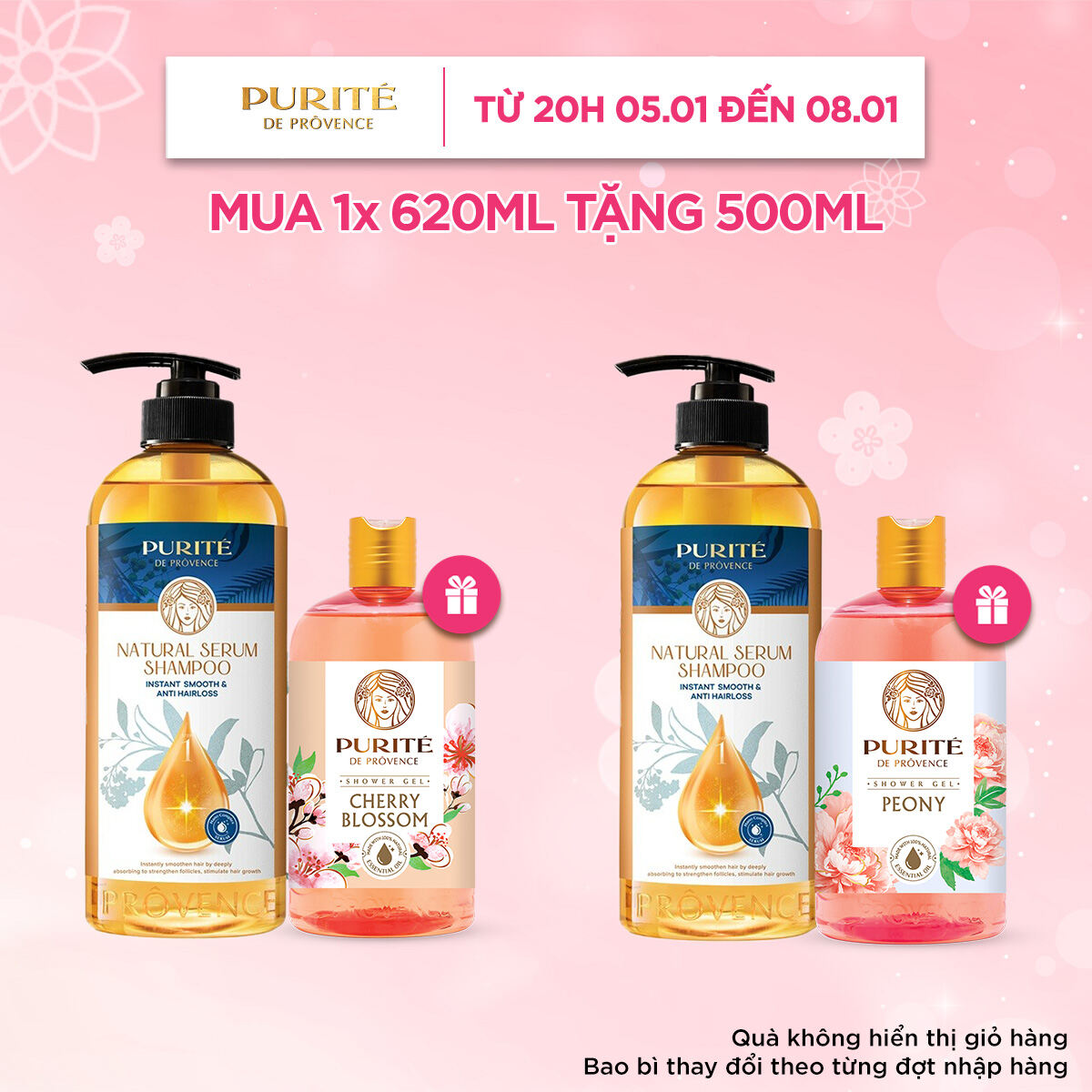 Combo Dầu Gội Serum Purite Giảm Gãy Rụng 620ML và Sữa Tắm Purite Anh Đào 500ML