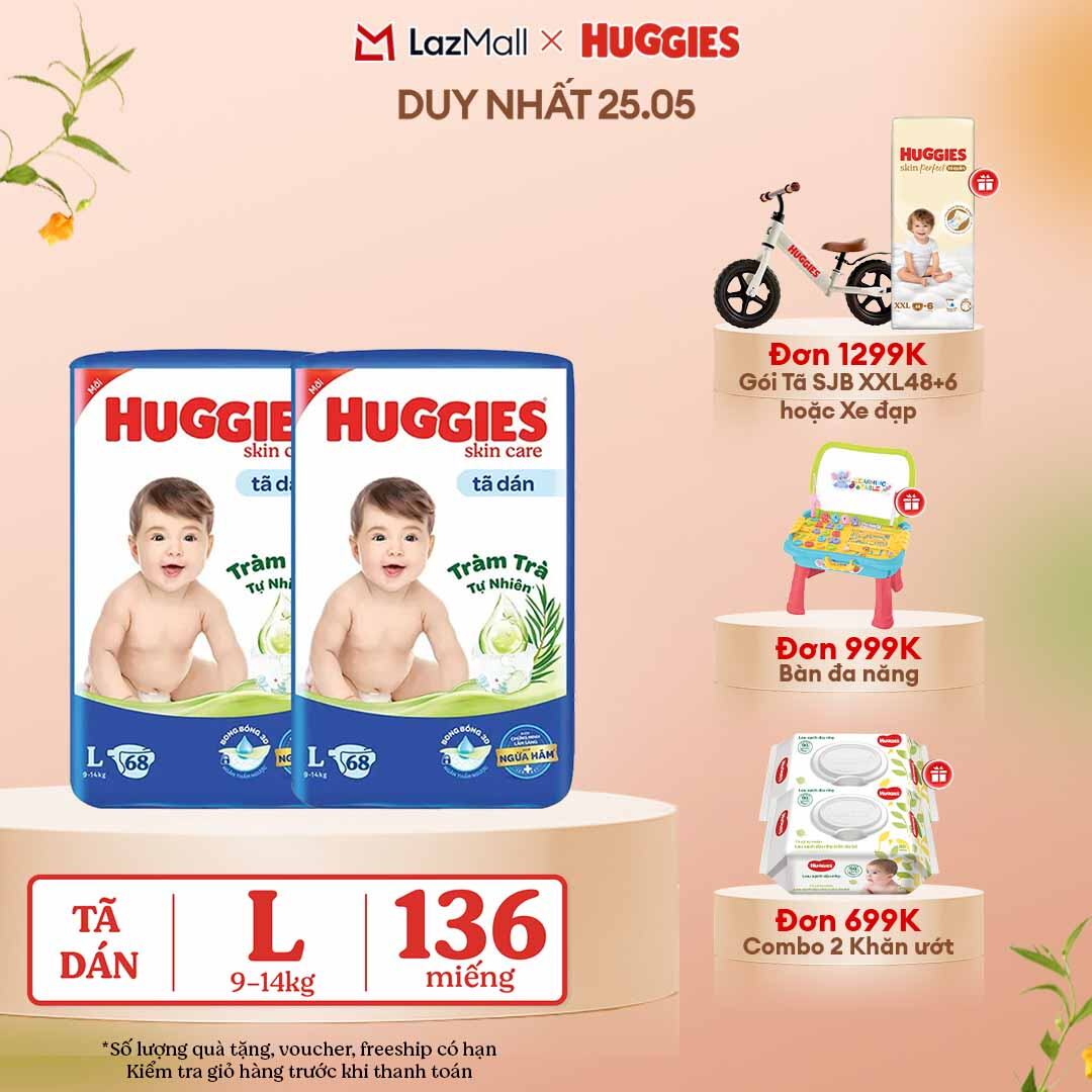 [CHỈ 25-29.05 GIẢM THÊM 90K] Combo 2 Tã dán Huggies Skincare Super Jumbo L68