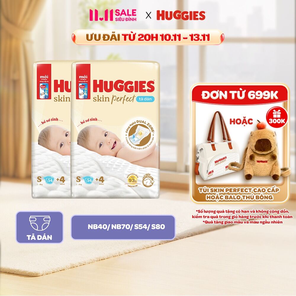 [Tặng 4 miếng cho size S80] Combo 2 Tã Dán Sơ Sinh Huggies Skin Perfect NB40/NB70/S54/S80 Với 2 Vùn