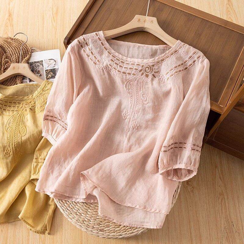Lieoyuarn | Áo Nữ Cotton Linen Phong Cách Trung Hoa Thêu Retro, Form Rộng
