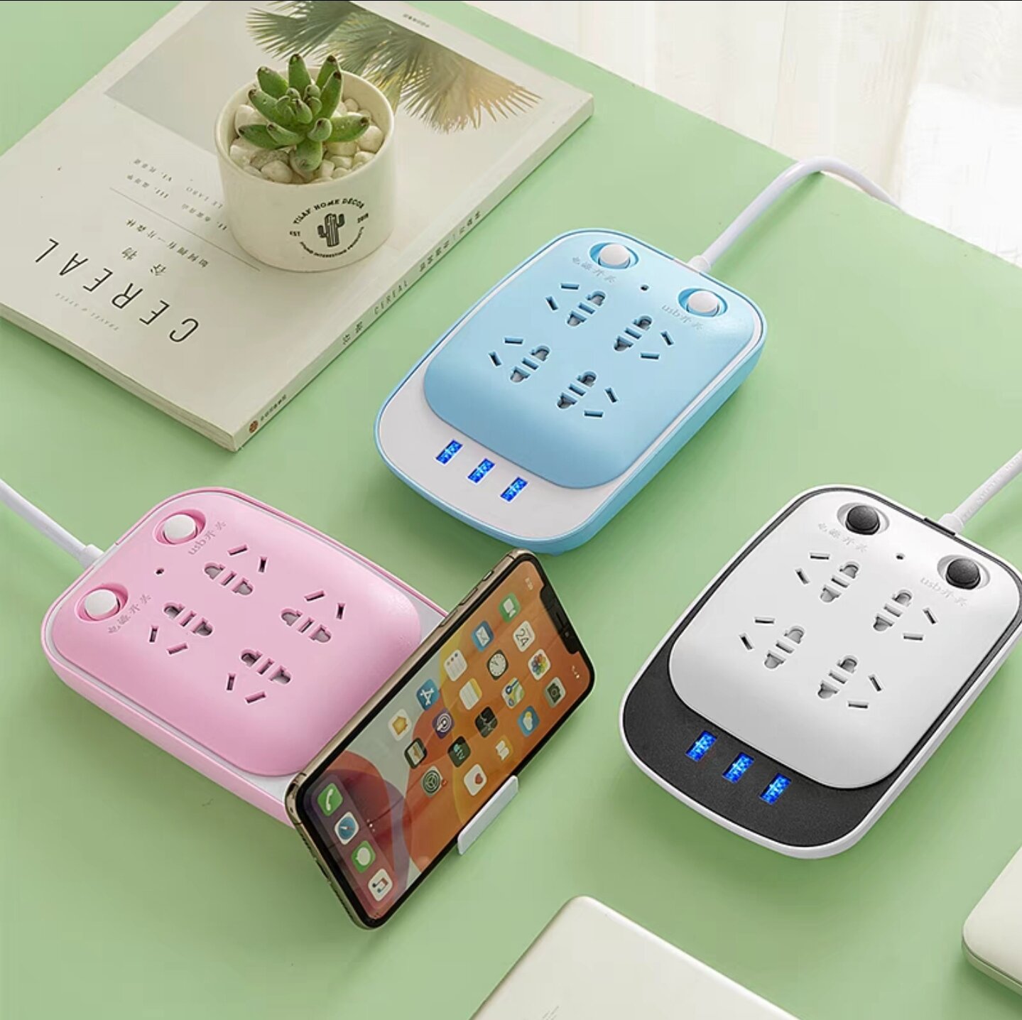 Ổ cấm điện đa năng có USB, chống giật, nhiều màu dây dài 2 mét